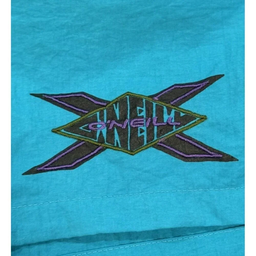 Vintage 80s 90s O’Neill Mens Large Turquoise Blue Embroidered Swim Trunks